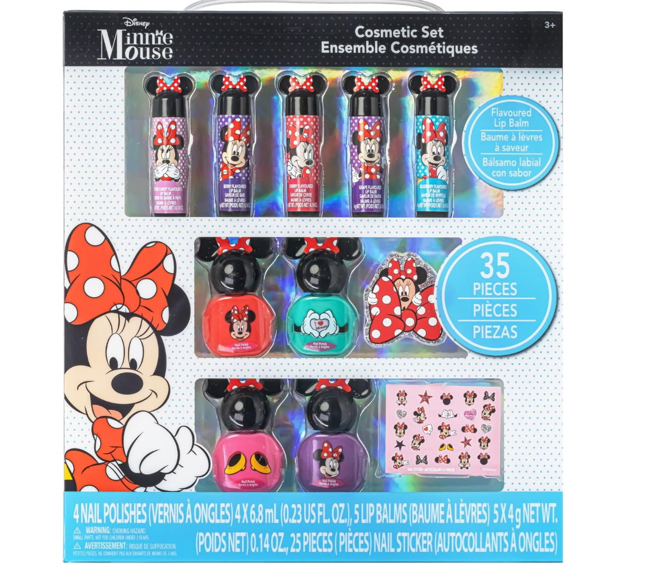 Minnie Mouse Set de Maquillaje Glitter 11 pzas Gloss, Esmalte y Calcomanías