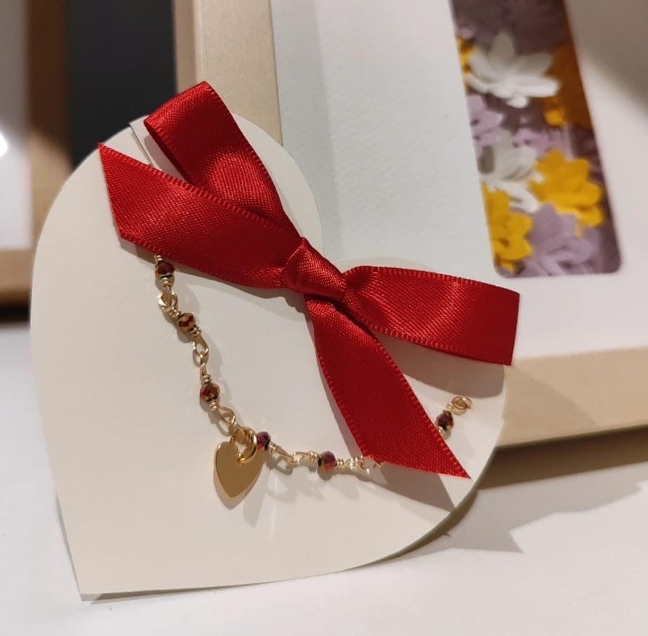 Pulsera Rosa Dorada ch con Corazón - hecho a mano/baño de oro de 14k