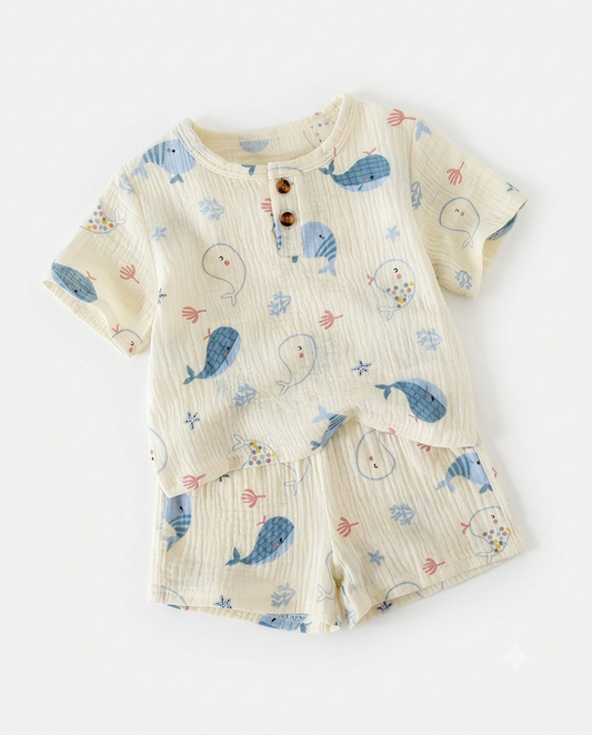 Conjunto manga corta con gorro ballenas bebé niño