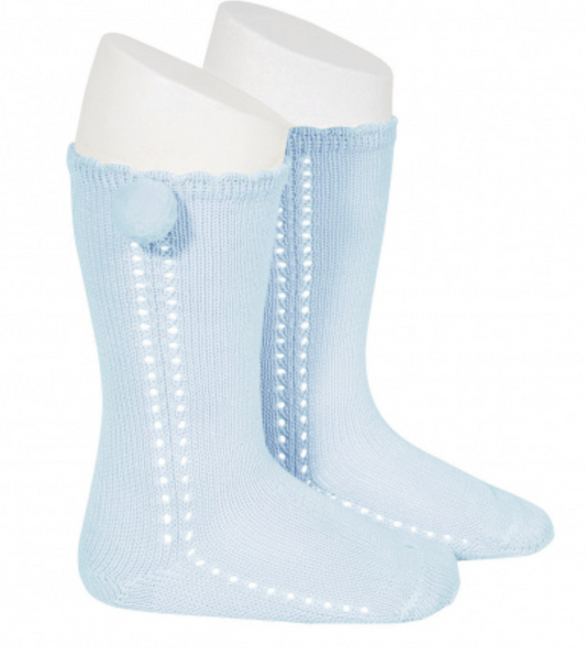 calceta pompon calado lateral azul bebe