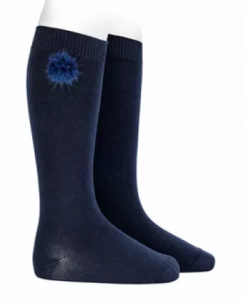 Calceta alta punto liso borla pelo azul marino