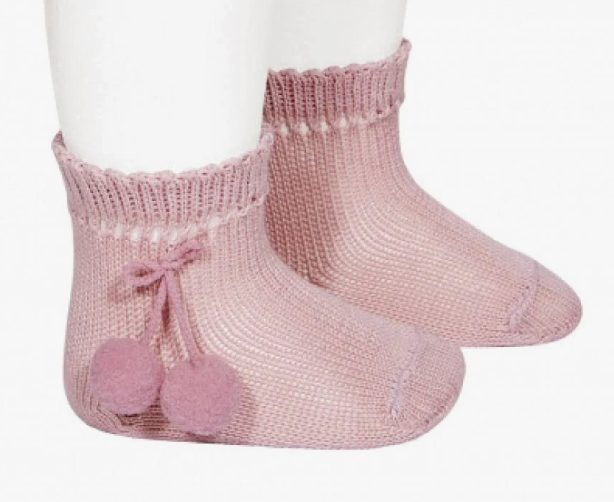 Calcetines Cortos Perlé con Borlas Rosa Palo