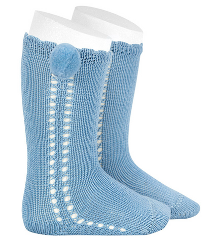 calceta pompon calado lateral azul bebe