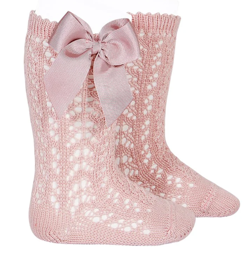 Calcetines altos hasta la rodilla de encaje Perle con lazo Rosa Palo