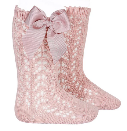 Calcetines altos hasta la rodilla de encaje Perle con lazo Rosa Palo
