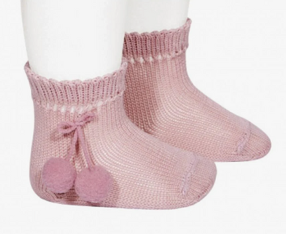 Calcetines Cortos Perlé con Borlas Rosa Palo