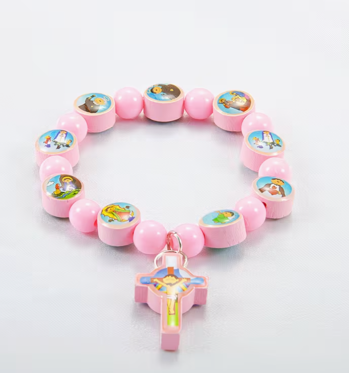 Pulsera de Rosario Católico de Madera Rosa
