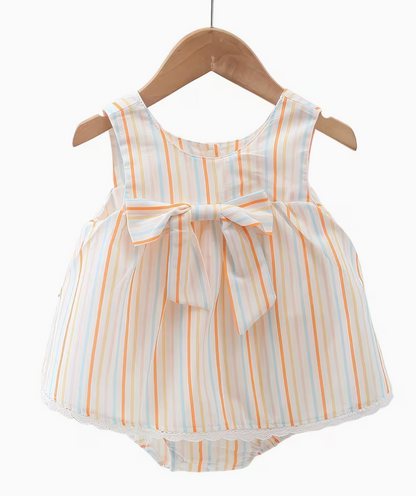 Vestido Mameluco Tirantes Rayado con Moño