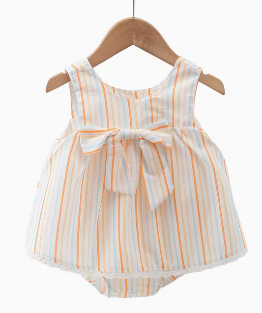 Vestido Mameluco Tirantes Rayado con Moño