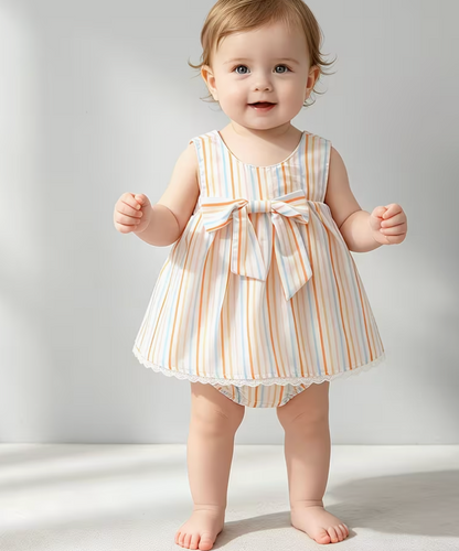 Vestido Mameluco Tirantes Rayado con Moño