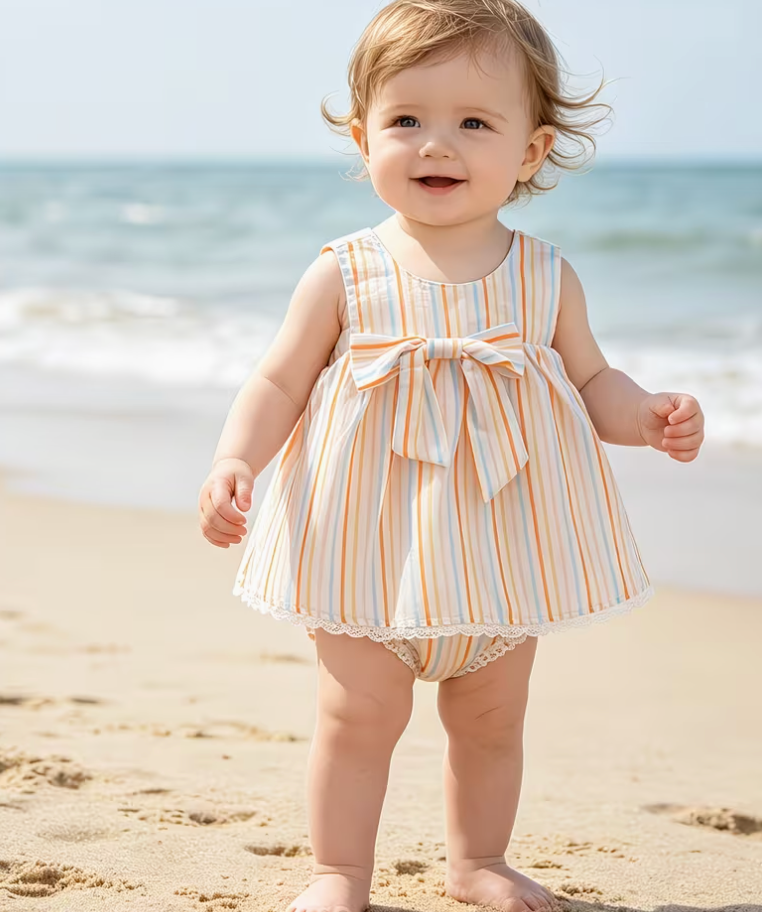 Vestido Mameluco Tirantes Rayado con Moño