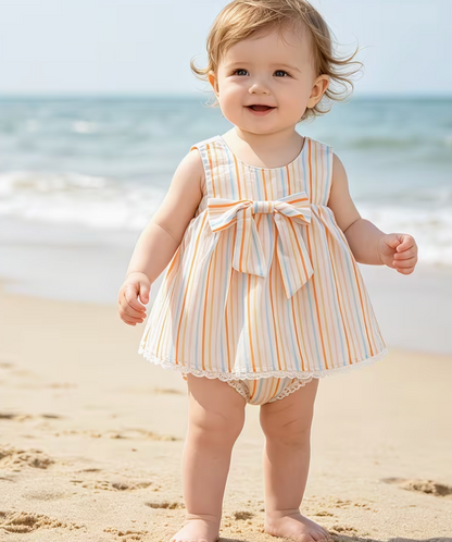 Vestido Mameluco Tirantes Rayado con Moño