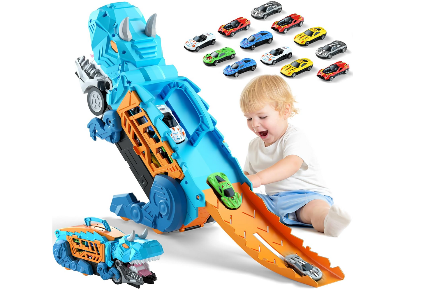 Camión de Dinosaurios con 12 Coches Azul