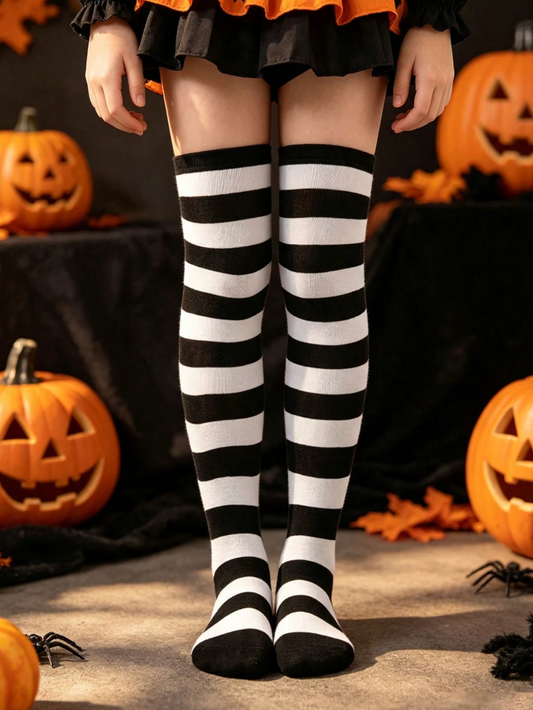 Calcetas Largas a Rayas Blanco y Negro Halloween