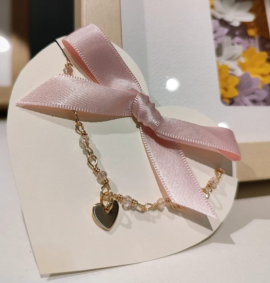 Pulsera Rosa ch con Corazón - hecho a mano/baño de oro de 14k