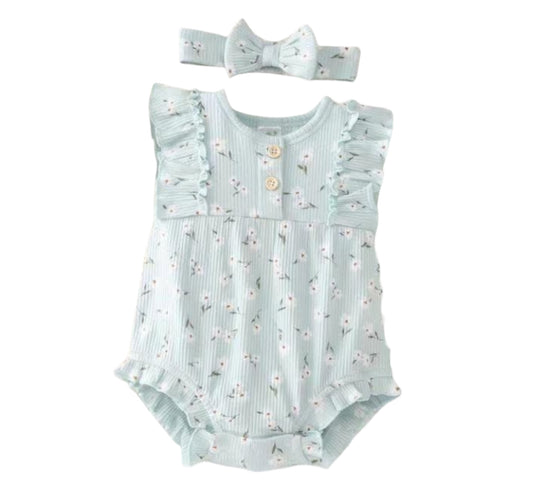 Conjunto Romper Floral Menta con Diadema