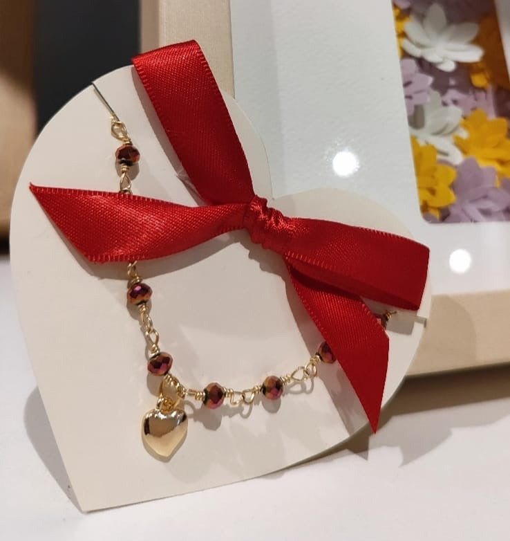 Pulsera Rosa Dorada Corazón - hecho a mano/baño de oro de 14k