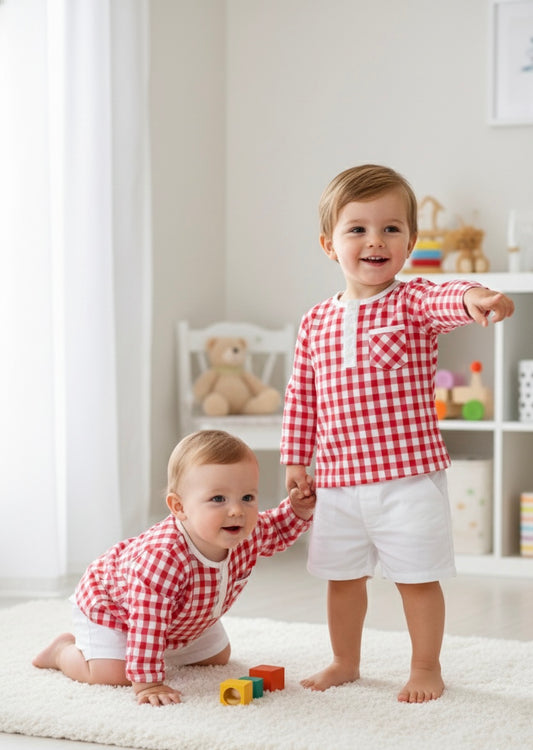Conjunto Camisa Niño Manga Larga Cuadros Rojo Blanco JULIANA