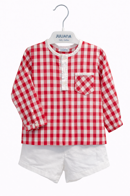 Conjunto Camisa Niño Manga Larga Cuadros Rojo Blanco JULIANA