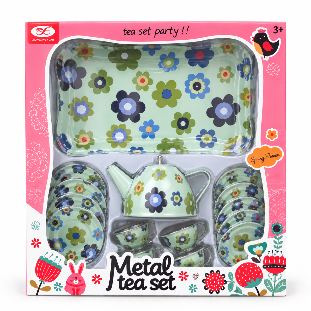 Set de Té Metálico Floral Azul y Verde