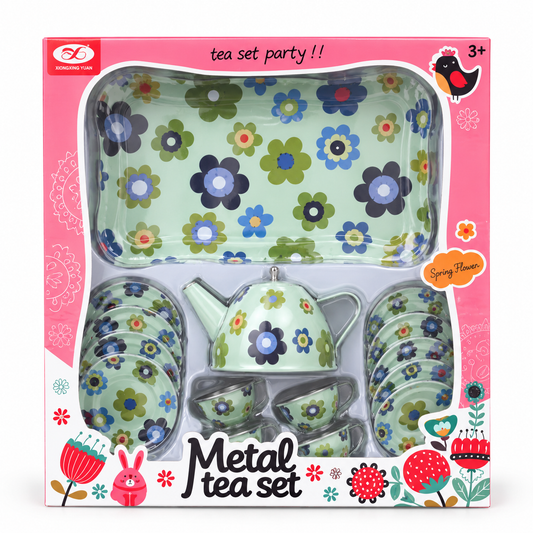 Set de Té Metálico Floral Azul y Verde