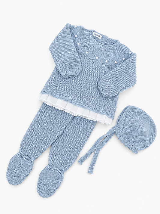 Conjunto Polaina 3 Piezas Canesú Rombo Motas Cielo JULIANA