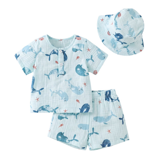 Conjunto Manga Corta con Gorro Ballenas Bebé Niño